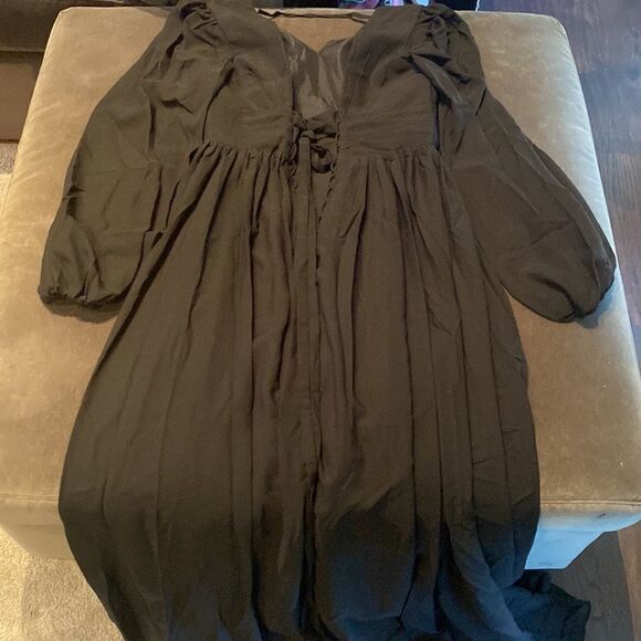 Women’s Black Full Length Chiffon V-Neck Corset Back Dress Leg Split Size 12 - Picture 13 of 14